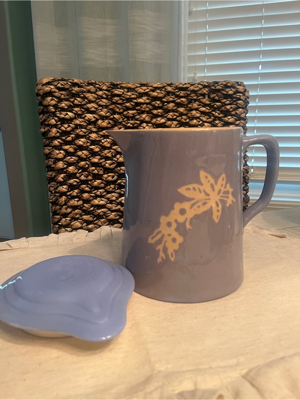 Vintage Harker Cameo ware - Blue  Ceramic Pitcher with Cream Floral Motif